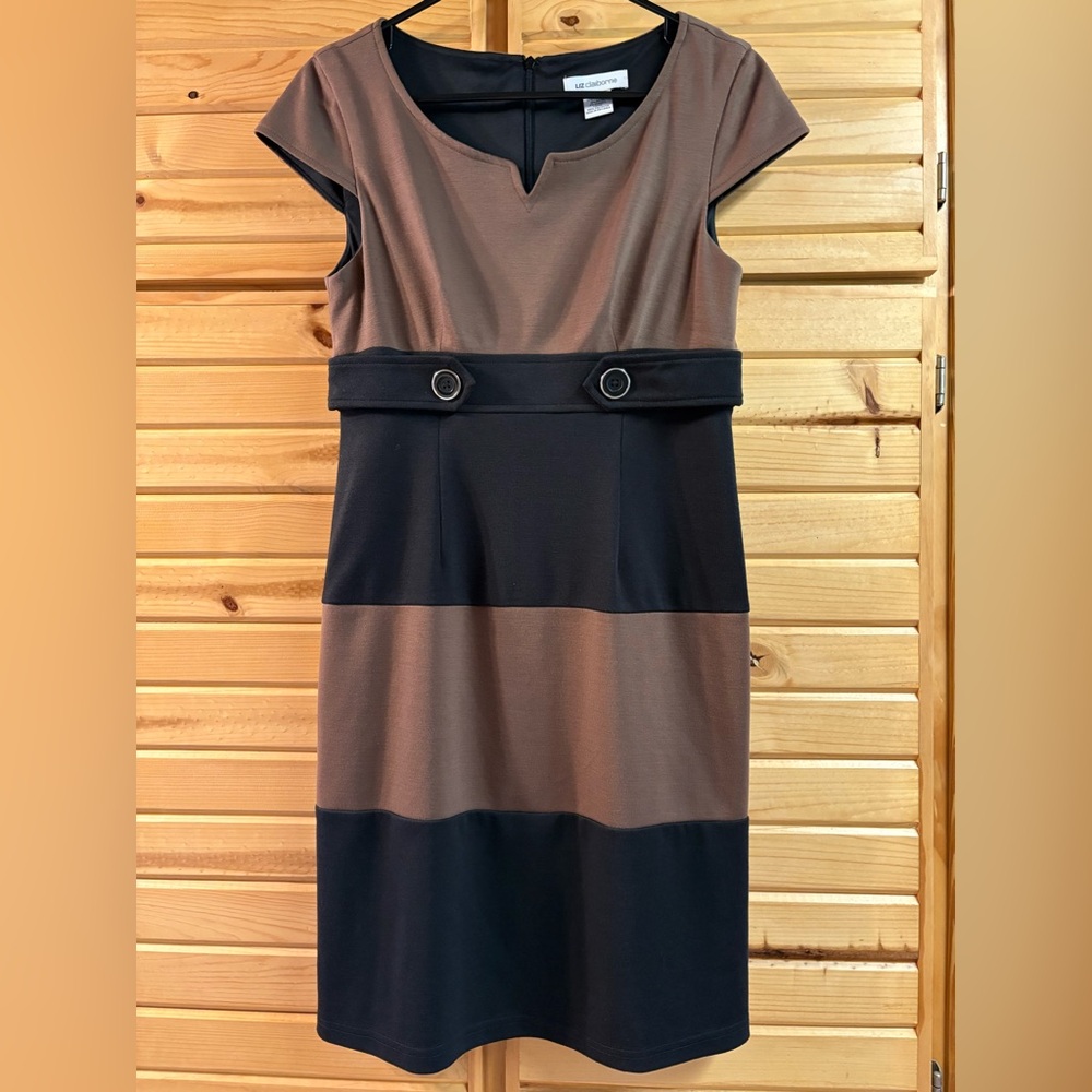 Liz Claiborne Brown and Black Sheath Dress with Flutter Cap Sleeves Size 4